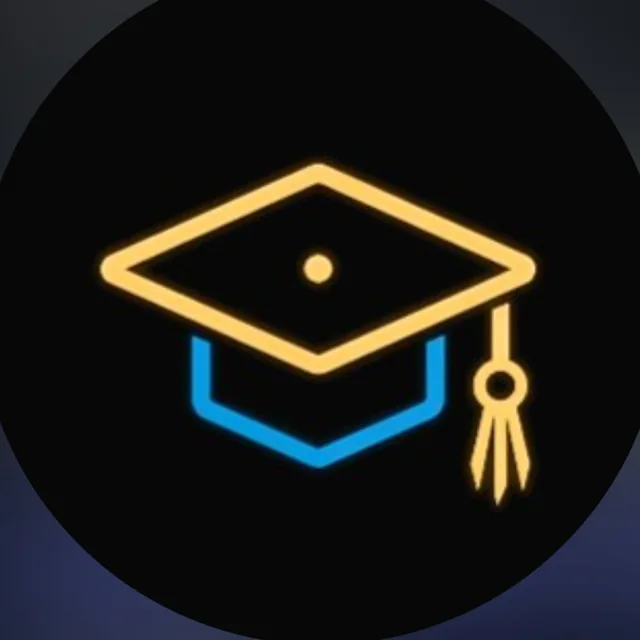 Le logo au chapeau de diplômé, jaune et bleu, sur un disque noir.