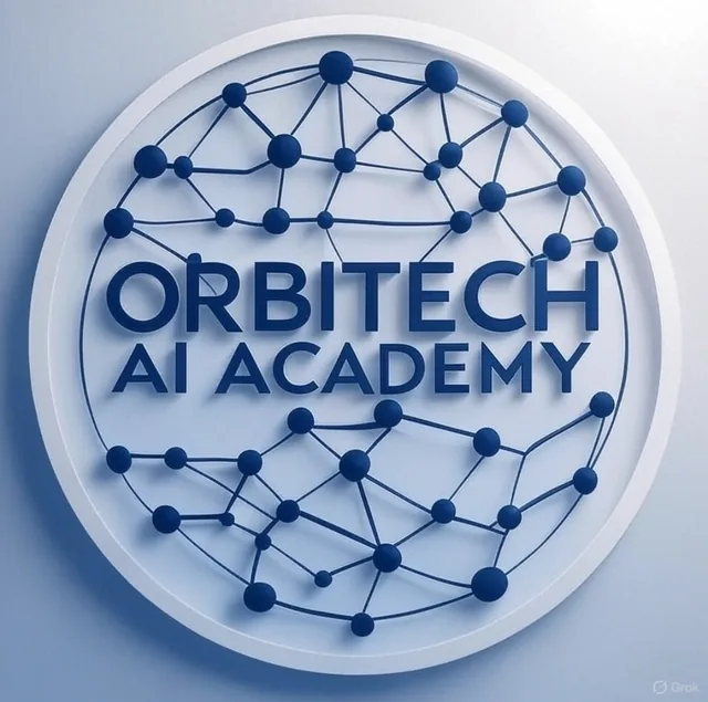 Le premier logo d’ORBITECH AI Academy : le nom au centre d’un cercle de points reliés, en bleu sur fond clair.